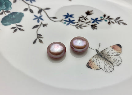 ONE Pair AAAAA 12-13 mm Ultra Dark Natural Mauve Purple Top Quality Super High Luster Half Drilled Paired Earring Thick Coin Pearls #P1153-C