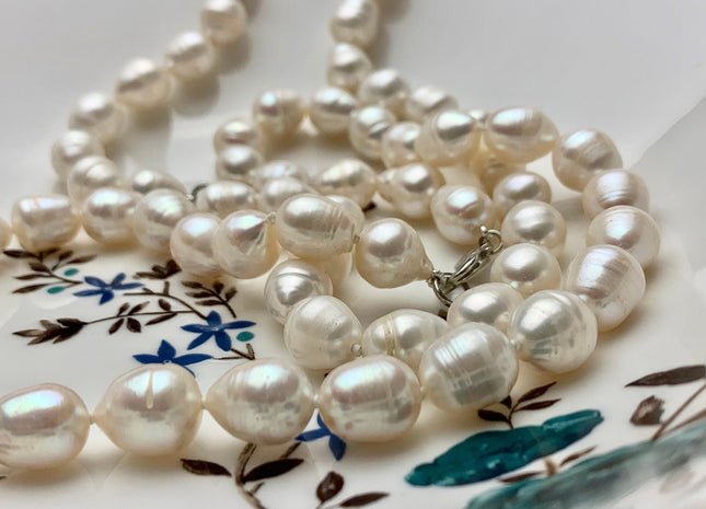 18 Inches Hand Knotted 10x12 mm Freshwater Rice Oval Pearl Necklace Natural White Freshwater Pearl Necklace With Silver Clasp #P1075