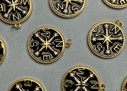 Compass Design Charms for Necklace Jewelry Making, 18K Gold Filled Charm Enamel Colored Medallion Pendant With CZ, One Piece #CR0038