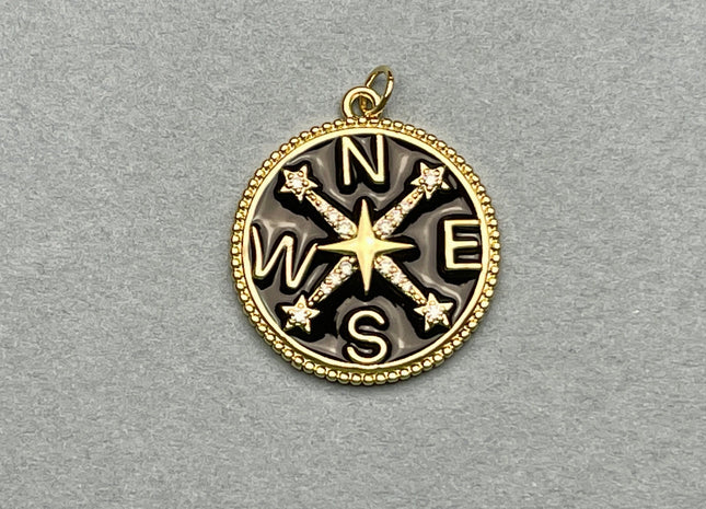 Compass Design Charms for Necklace Jewelry Making, 18K Gold Filled Charm Enamel Colored Medallion Pendant With CZ, One Piece #CR0038