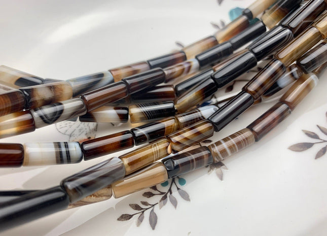 6x16 mm Tube Shape Coffee Wave Line Agate Gemstone Beads Coffee Color Agate Gemstone Beads. #2605