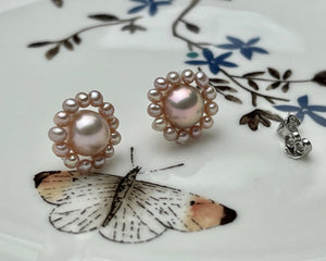 AAAAA Genuine Freshwater Pearl Earring Studs With 925 Sterling Silver Post Natural Mauve Pink Pearls Cluster Earring Bridal Jewelry #P1708-C