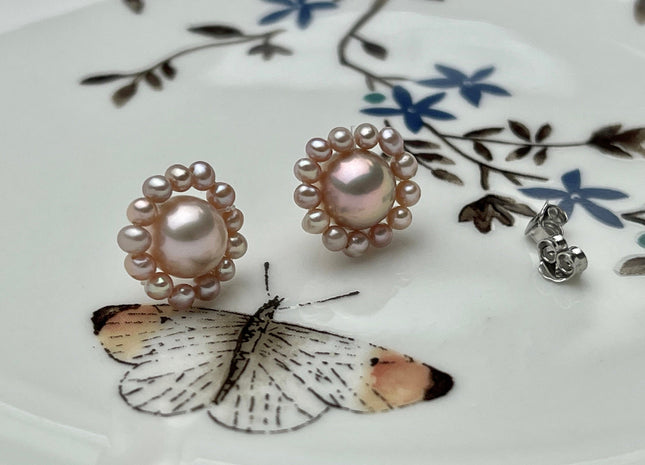 AAAAA Genuine Freshwater Pearl Earring Studs With 925 Sterling Silver Post Natural Mauve Pink Pearls Cluster Earring Bridal Jewelry #P1708-C