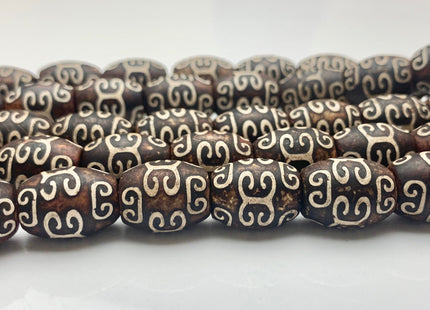 12x15 mm AAA DZI Tibetan Agate Barrel Shape Dark Brown Wooden Etched Agate Gemstone Matte Mala Antique Boho Beads 14 Inches 22 Pieces #3527