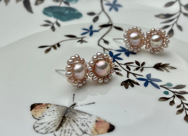 AAAAA Genuine Freshwater Pearl Earring Studs With 925 Sterling Silver Post Natural Mauve Pink Pearls Cluster Earring Bridal Jewelry #P1708-C