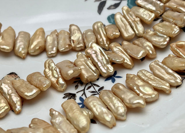 7-10x16-22 mm AA Champagne Biwa Stick Freshwater Pearl Beads Genuine Cultured Center Drilled Champagne Biwa Pearl Beads #P2190