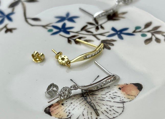 One Pair 925 Sterling Silver/Gold Setting Findings For Half Drilled Pearls Thin Leaf Shape Design Sterling Silver Earring Findings #10260