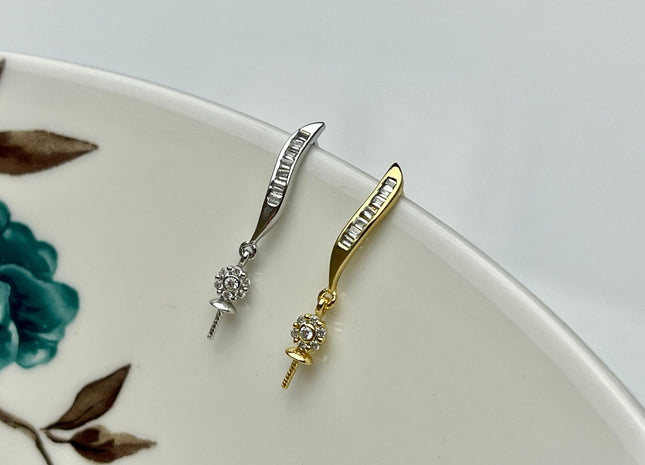 One Pair 925 Sterling Silver/Gold Setting Findings For Half Drilled Pearls Thin Leaf Shape Design Sterling Silver Earring Findings #10260