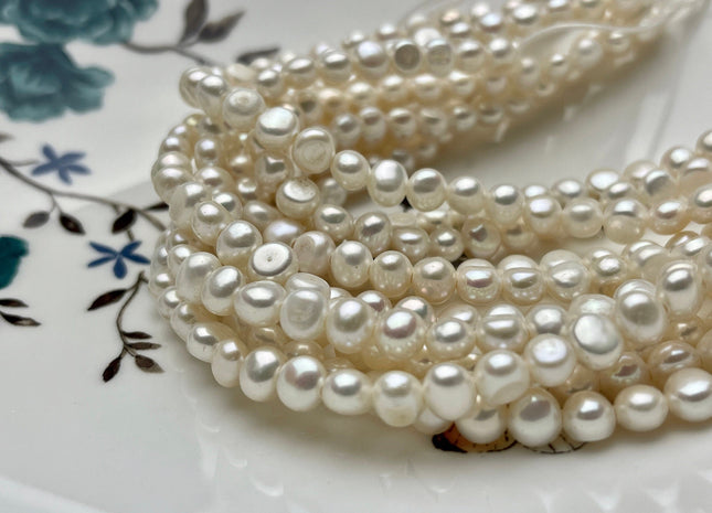 5-6mm AAAA Half Strand Large Hole Natural White Round Nugget Freshwater Pearls Hole Size 1.5mm/1.2mm High Luster Genuine Pearl #P1966