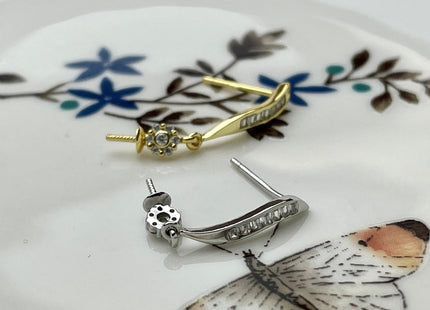 One Pair 925 Sterling Silver/Gold Setting Findings For Half Drilled Pearls Thin Leaf Shape Design Sterling Silver Earring Findings #10260