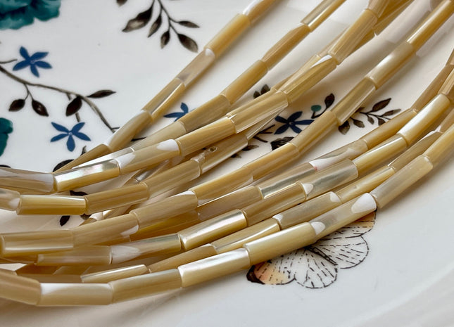 4x14-15 mm Tube Shape Natural Troca Shell Beads Genuine Gold Champagne Color MOP Loose Beads 15.5 Inches Strand 29 Beads #4256