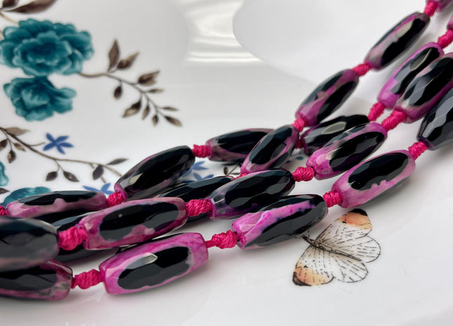 10x24 mm Long Barrel Shape Faceted Agate Gemstone Beads Genuine Purple Pink Black Color Gemstones Loose Beads 15 Inches Strand #4268