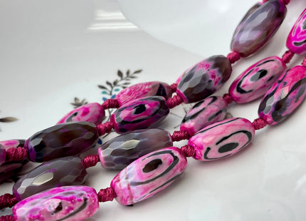 10-12x24 mm Long Barrel Shape Faceted Agate Gemstone Beads Genuine Pink and Black Color Gemstones Loose Beads 15 Inches Strand #4267