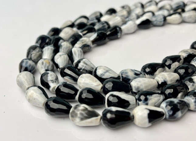 10x14 mm Large Teardrop Shape Faceted Agate Gemstone Beads Genuine White and Black Color Agate Gemstones Loose Beads 15 Inches Strand #4262