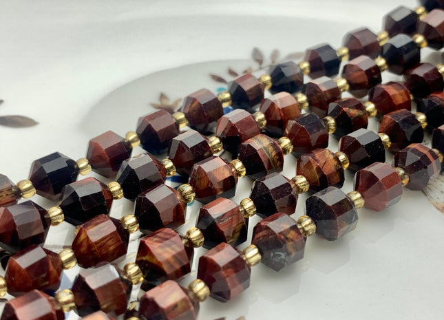 7x8mm Faceted Energy Prism Cut Mahogany Tiger Eye Gemstone Genuine Double Terminated Points Mahogany Tiger Eye Beads 39 Pieces #3655