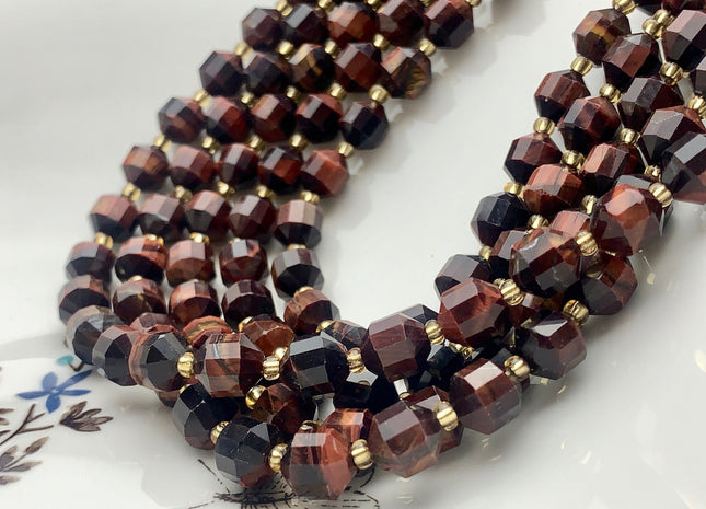 7x8mm Faceted Energy Prism Cut Mahogany Tiger Eye Gemstone Genuine Double Terminated Points Mahogany Tiger Eye Beads 39 Pieces #3655