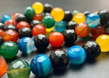 14mm 16mm Faceted Round Fire Agate Gemstone Beads Heat Treated Mixed Yellow Blue Green Black Carnelian Color 15.5 Inches Strand #2871
