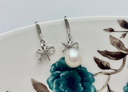 One Pair 925 Sterling Silver Setting Findings For Half Drilled Pearls Bowtie Shape Design Sterling Silver Earring Findings #10050-A