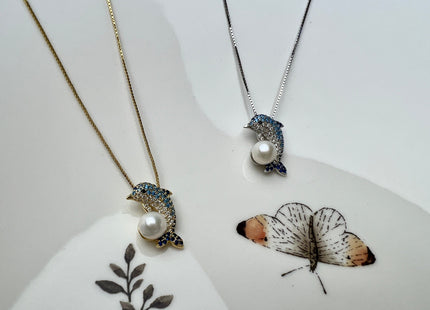 6 mm AAAAA Natural White Round Edison Genuine Freshwater Pearl Pendant 925 Sterling Silver/Gold Filled Blue Dolphin DIY Jewelry #10280-B