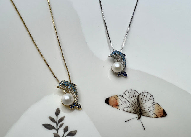 6 mm AAAAA Natural White Round Edison Genuine Freshwater Pearl Pendant 925 Sterling Silver/Gold Filled Blue Dolphin DIY Jewelry #10280-B