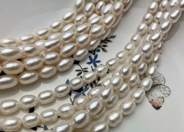 6.5-7x9-11 mm AAA Natural White Long Oval/Rice Freshwater Pearl Genuine High Luster Long Smooth Quality Pearls Bridal Pearls #P1612