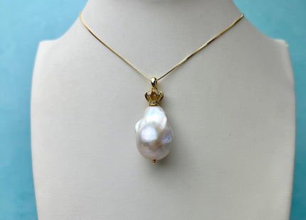 One-Of-A-Kind 13-18mm AAA Very Rare Natural White Genuine Baroque Pearl Pendant Gold Filled Crown Shape Design #1929-C