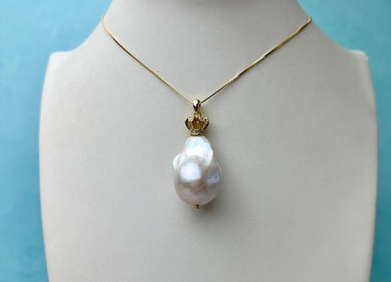 One-Of-A-Kind 13-18mm AAA Very Rare Natural White Genuine Baroque Pearl Pendant Gold Filled Crown Shape Design #10371-C