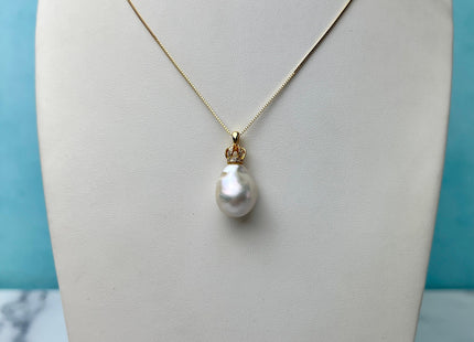 One-Of-A-Kind 13-18mm AAA Very Rare Natural White Genuine Baroque Pearl Pendant Gold Filled Crown Shape Design #1929-C