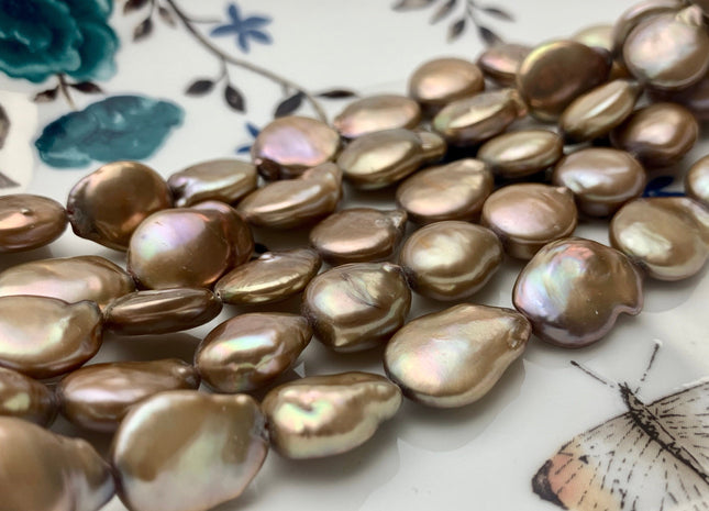 11 mm AA Taupe Champagne Color Flat Coin Freshwater Pearl Beads Genuine Champagne Color Freshwater Coin Pearls 30 Pieces #P1164