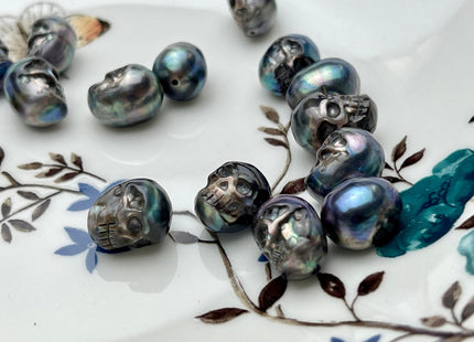 One Piece 10x11-13mm Hand Carved Skull Freshwater Pearl Genuine Peacock Black Color Top Half Drilled Pearl For DIY Earring Pendant #P1836
