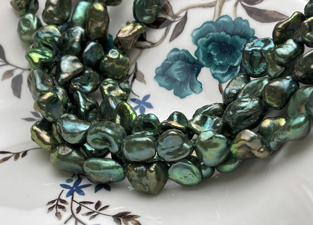 10-11x13-15 mm AA Olive Green Color Keshi Freshwater Pearl Beads Large Size Green Color With Gold Sheen Keshi Rice Nugget Pearl Beads #P1763