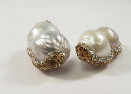 15-20 x 28-32mm LargeHole Peanut Pearl w/Half Pave Gold OR RoseGold OR Hematite Rhinestone/Cubic Ziroconia Pendant Bead 2.2mm Hole #610