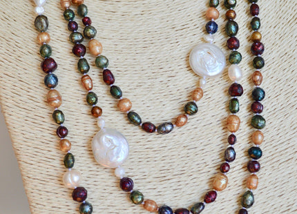 72 inches 6-21mm Faceted and Coin Genuine Pearl Necklace Multi Color Pearl Necklace Long Pearl Necklace #874