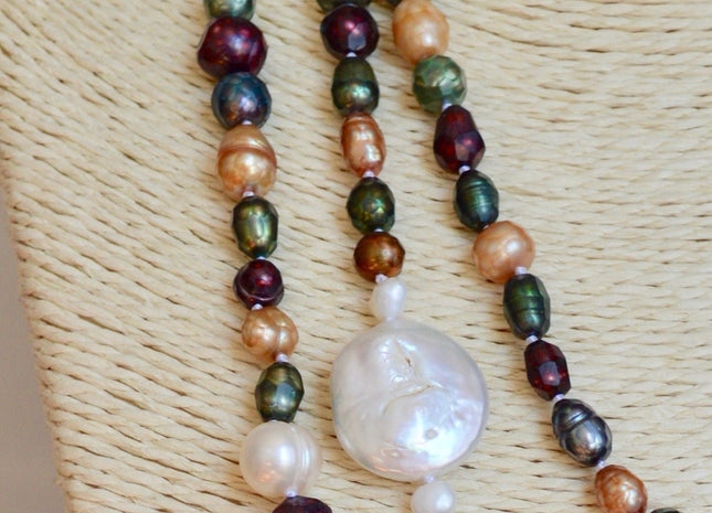 72 inches 6-21mm Faceted and Coin Genuine Pearl Necklace Multi Color Pearl Necklace Long Pearl Necklace #874