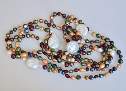 72 inches 6-21mm Faceted and Coin Genuine Pearl Necklace Multi Color Pearl Necklace Long Pearl Necklace #874