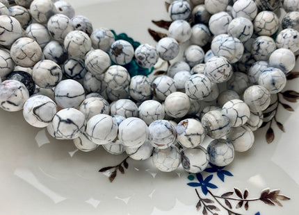 10 mm Faceted Round Fire Agate Gemstone Beads Heat Treated White And Black Vein Color Agate 15.5 Inches Strand #2878
