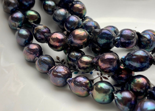12-13x15-18 mm AA Half Strand Large Hole Peacock Color Freshwater Baroque Pearl Beads Hole Size 2.0 mm Genuine Rare Baroque Pearls #1964