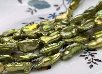 8-10x13-18 mm Sage Green Color Keshi Freshwater Pearl Beads Large Size Green Color With Gold Sheen Keshi Rice Nugget Pearl Beads #P1765