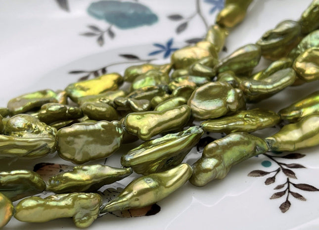 8-10x13-18 mm Sage Green Color Keshi Freshwater Pearl Beads Large Size Green Color With Gold Sheen Keshi Rice Nugget Pearl Beads #P1765