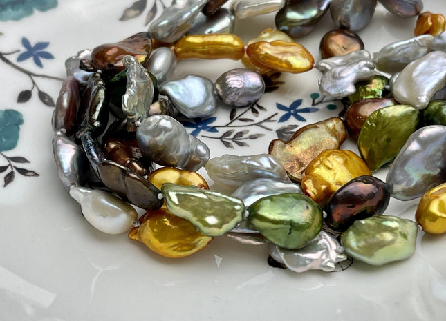 12-15x15-30mm 32-64 Inches Hand Knotted Mixed White Green Gray Color Keshi Freshwater Pearl Necklaces Genuine Keshi Pearl Necklace #P1076-B