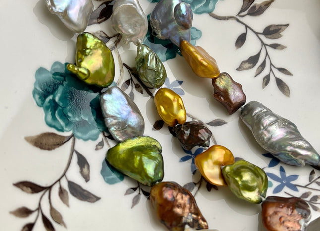 12-15x15-30mm 32-64 Inches Hand Knotted Mixed White Green Gray Color Keshi Freshwater Pearl Necklaces Genuine Keshi Pearl Necklace #P1076-B