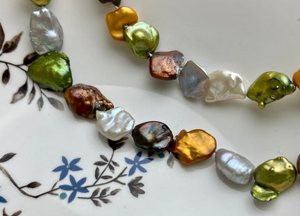 12-15x15-30mm 32-64 Inches Hand Knotted Mixed White Green Gray Color Keshi Freshwater Pearl Necklaces Genuine Keshi Pearl Necklace #P1076-B