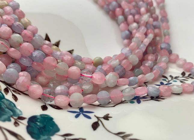 6 mm Micro Faceted Diamond Cut Morganite Flat Coin Disc Shape Gemstone Beads Genuine Natural Aquamarine Rose Quartz 15 Inches Strand #3163