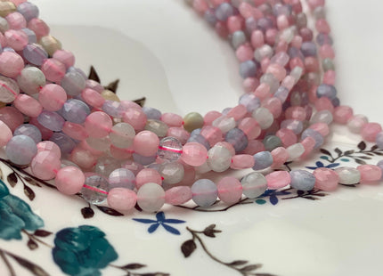 6 mm Micro Faceted Diamond Cut Morganite Flat Coin Disc Shape Gemstone Beads Genuine Natural Aquamarine Rose Quartz 15 Inches Strand #3163