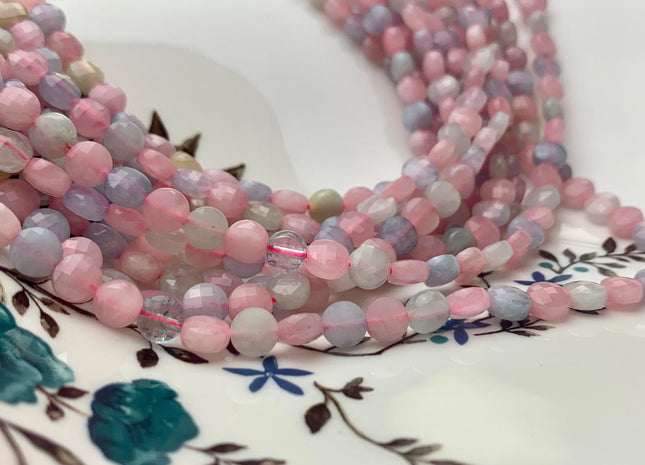 6 mm Micro Faceted Diamond Cut Morganite Flat Coin Disc Shape Gemstone Beads Genuine Natural Aquamarine Rose Quartz 15 Inches Strand #3163