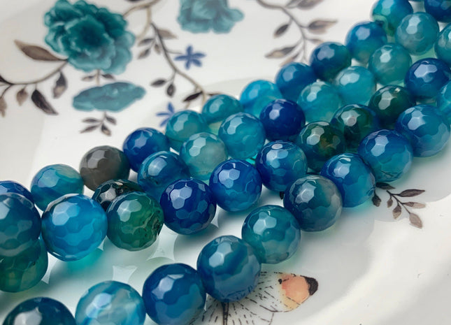 12 mm Faceted Round Fire Agate Gemstone Beads Blue Apatite Color Genuine Heat Treated Agate Gemstone Loose Beads 14 Inches Strand #3285