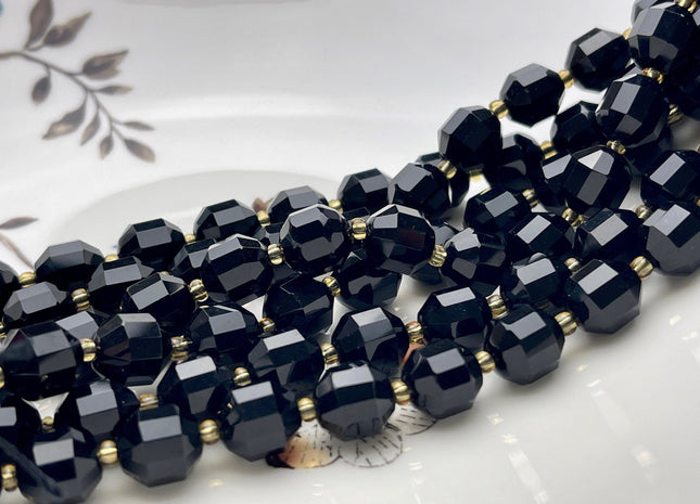 9x10mm Half Strand Faceted Energy Prism Cut Onyx Gemstone Genuine Double Terminated Points Black Color Onyx Beads 16 Pieces #3797