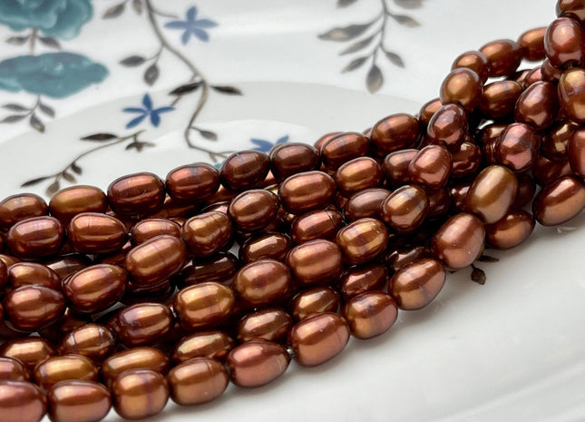 6x8-10mm Bronze Color Rice/Oval Freshwater Pearl Beads Genuine Cultured High Luster Bronze Color Rice Freshwater Pearls 45 Pieces #P1694
