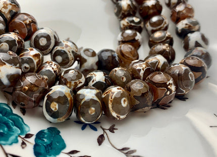 12x16 mm AAA DZI Tibetan Agate Faceted Drum Shape Dark Brown Color Eye Agate Gemstone Mala Antique Boho Beads 12 Inches 28 Pieces #3182