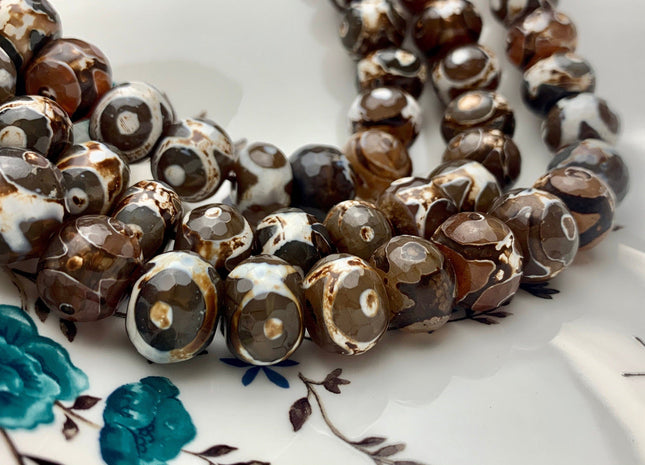 12x16 mm AAA DZI Tibetan Agate Faceted Drum Shape Dark Brown Color Eye Agate Gemstone Mala Antique Boho Beads 12 Inches 28 Pieces #3182
